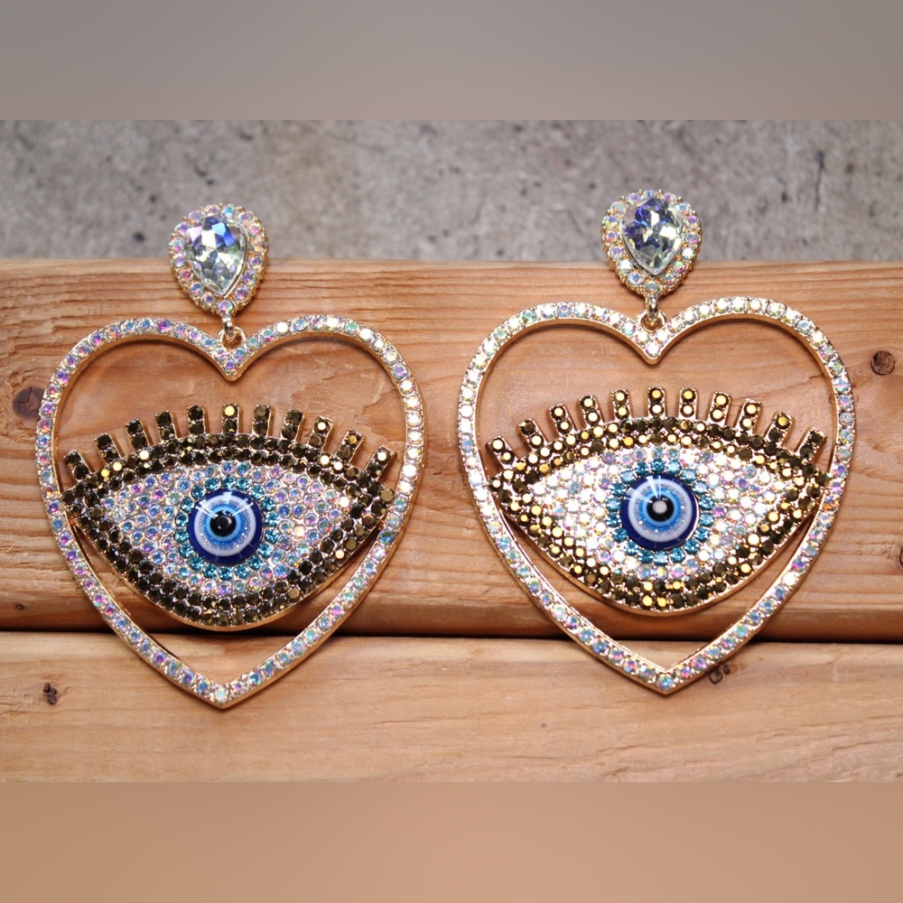 44J. Evil Eye Heart Hoop Rhinestone Earrings